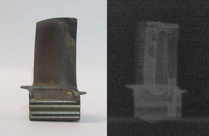 Photo and Pictoris neutron radiograph of turbine blade